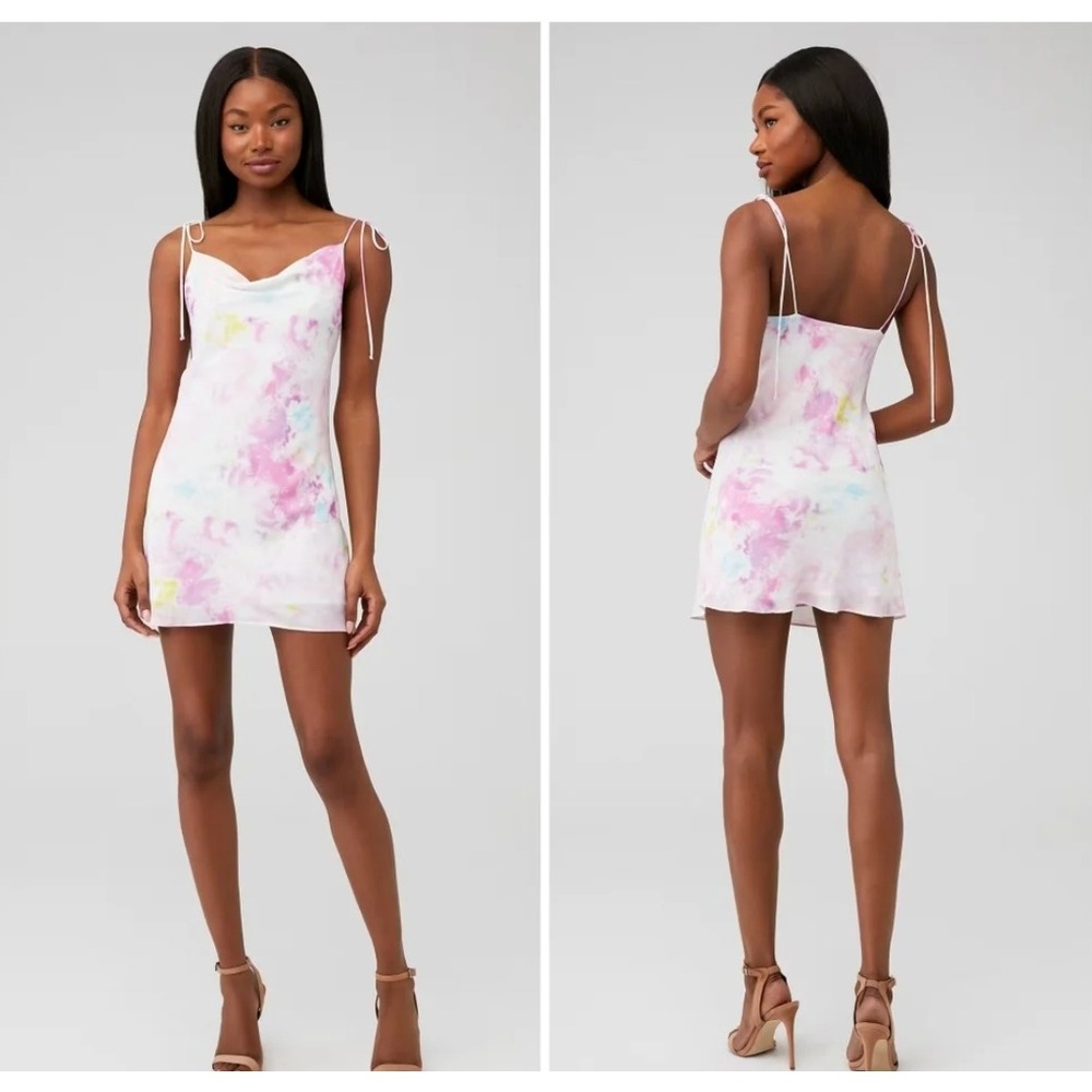Revolve RESA Teenie Mini Dress Cotton Candy Tie Dye XS Cowl Neck Tie Straps NEW